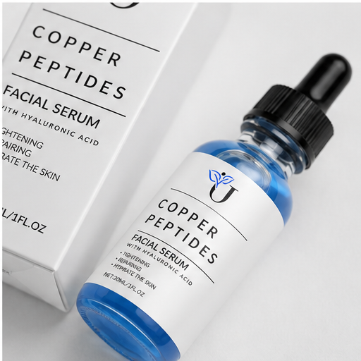Copper Peptides Facial Serum bottle with dropper on a white background