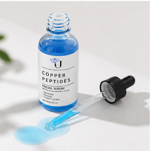 Copper Peptides facial serum bottle with dropper and serum on a white surface