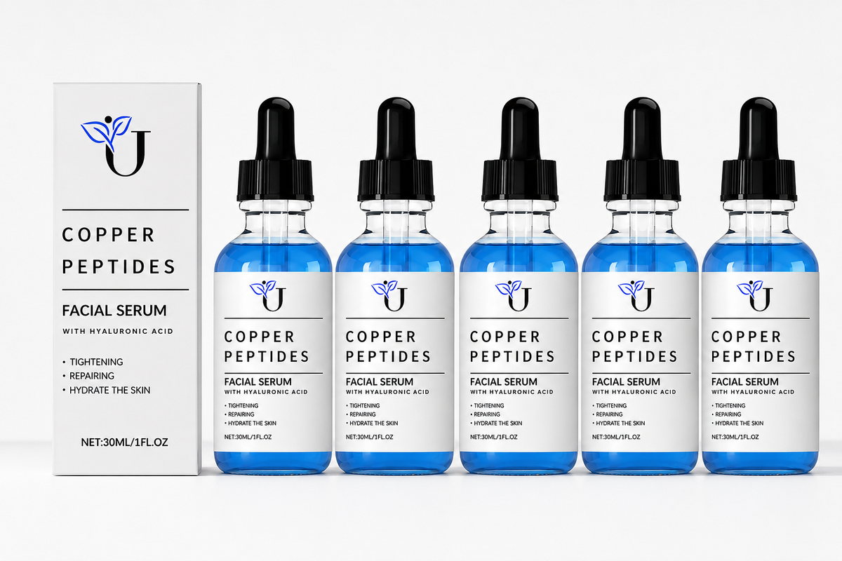 Copper Peptides facial serum bottles and packaging on a white background