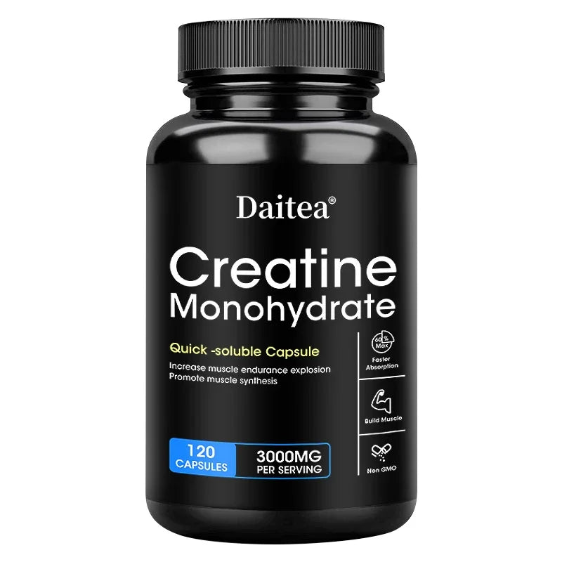 Black supplement bottle labeled Creatine Monohydrate' on a white background 3000mg per serving