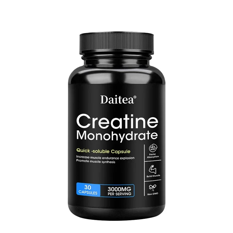 Black supplement bottle labeled Creatine Monohydrate' on a white background 3000mg per serving