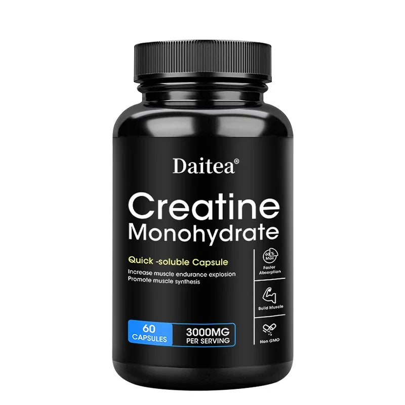 Black supplement bottle labeled Creatine Monohydrate' on a white background 3000mg per serving