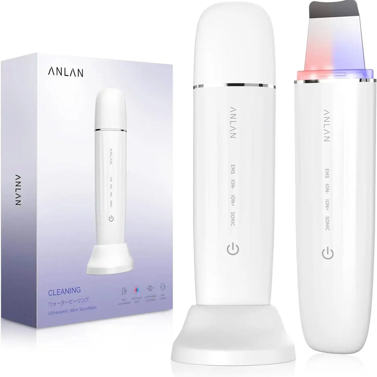 White electronic device with a charging stand and packaging labeled 'ANLAN' on a white background.
