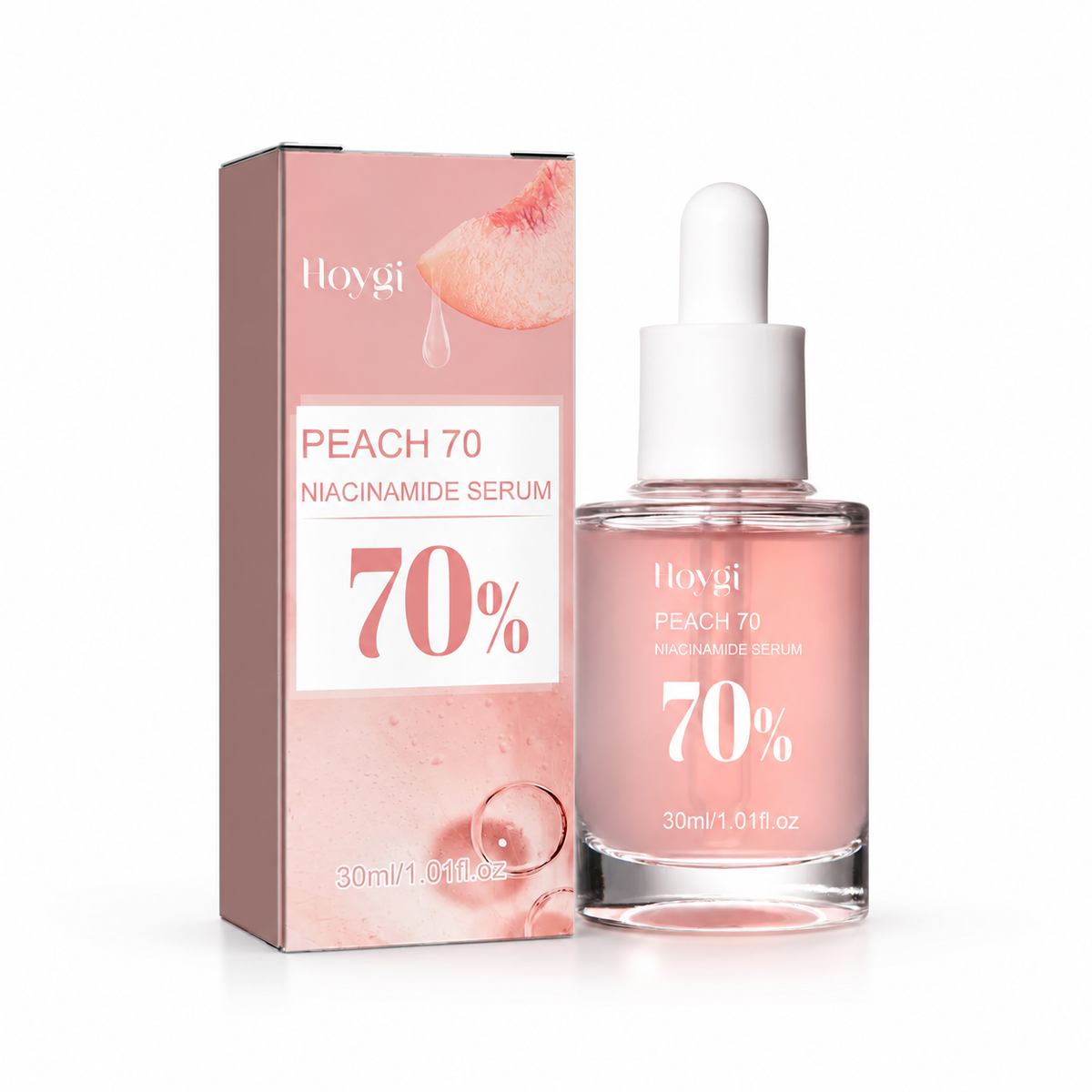 Hoygi Peach 70 Niacinamide Serum 30ml dropper bottle next to its pink packaging box, featuring a peach slice graphic and bold white '70%' text.