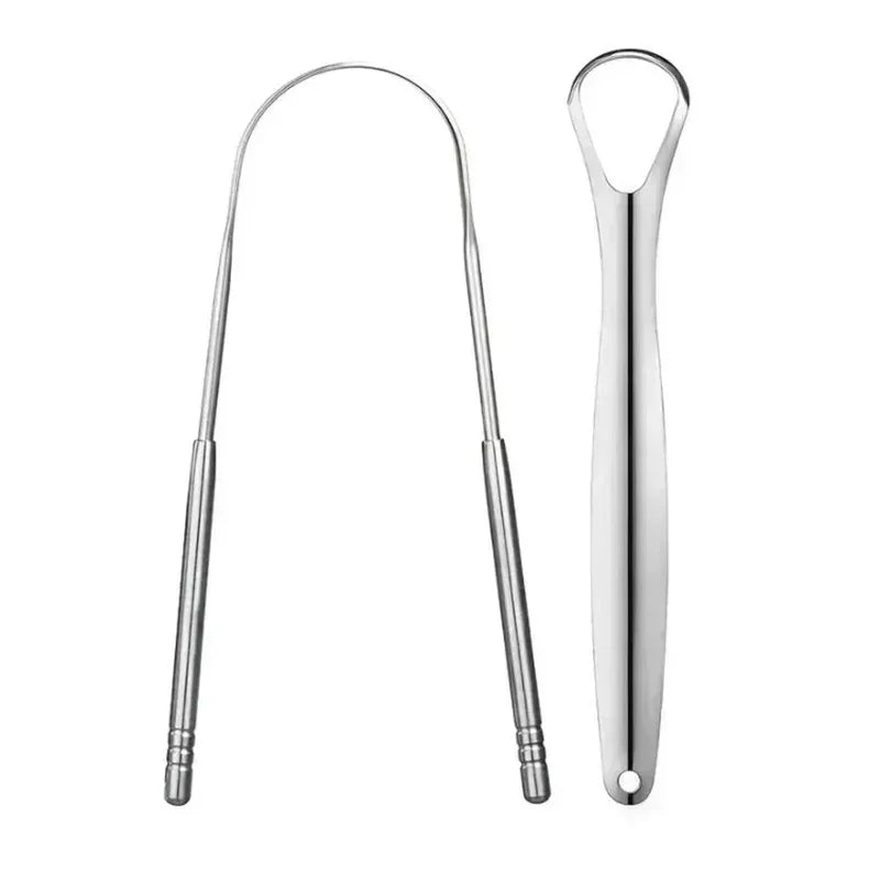 Two steel tongue scrapers on a white background