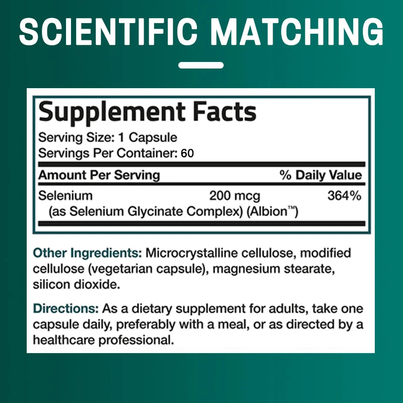 Supplement facts label with selenium content on a green background