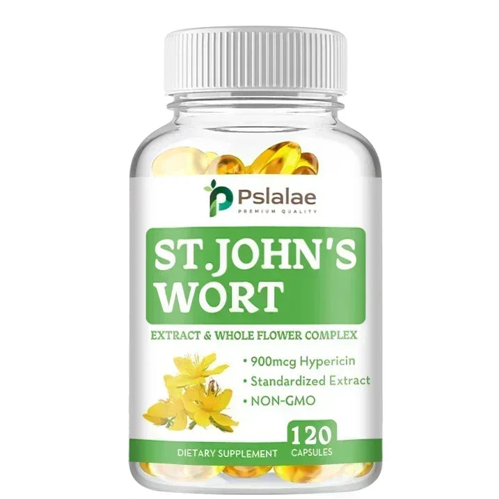 Supplement bottle labeled 'St. John's Wort' by Pslalae on a white background