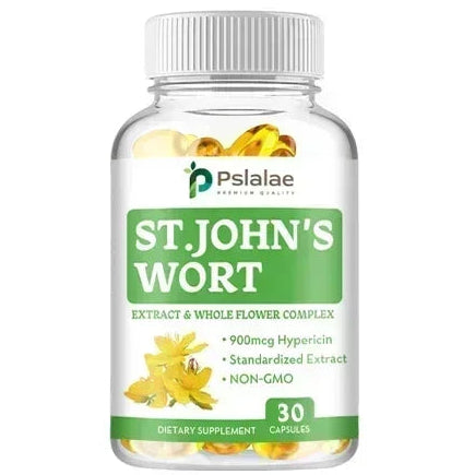 Supplement bottle labeled 'St. John's Wort' with Psalaee branding on a white background