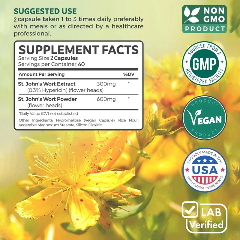 Supplement label for St. John's Wort with floral background and certification logos.