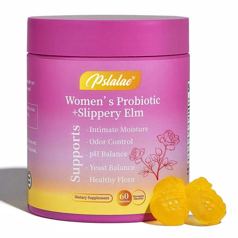 Pink supplement jar with yellow lid labeled 'Pslalae Women's Probiotic + Slippery Elm' on a white background.