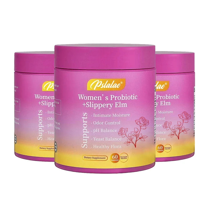 Three pink and yellow supplement jars labeled 'Pslalae Women's Probiotic + Slippery Elm' on a white background.
