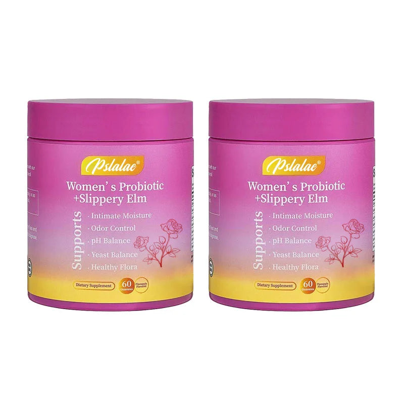 Two pink and yellow containers of Psalae Women's Probiotic + Slippery Elm on a white background
