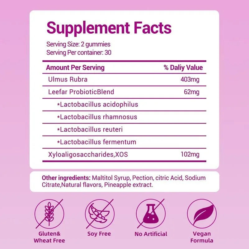 Supplement facts label for gummies on a pink background
