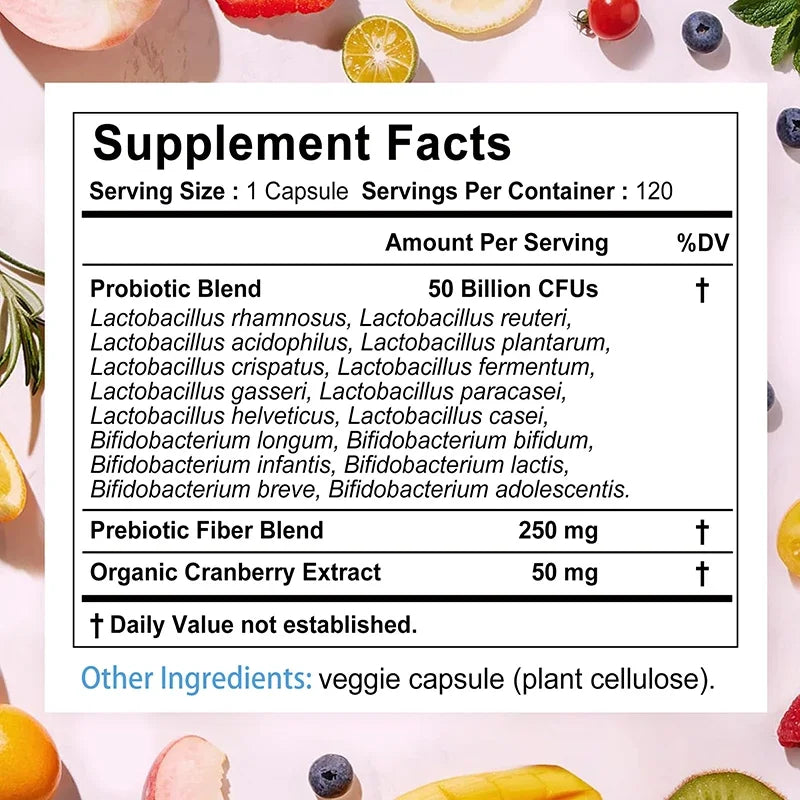 Supplement facts label with probiotic blend, prebiotic fiber, and organic cranberry extract on a colorful background.