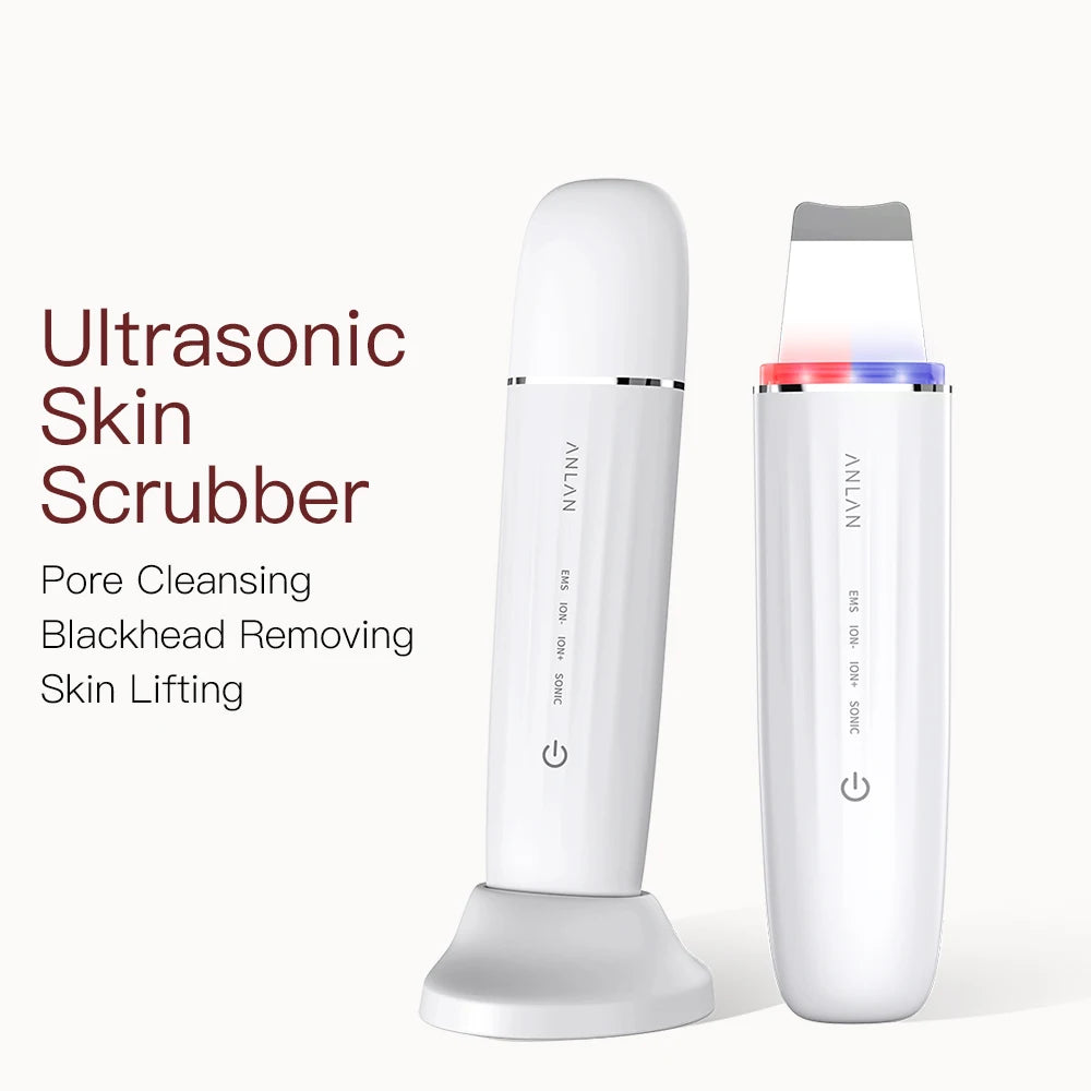 Two white ultrasonic skin scrubbers with visible branding on a light gray background.