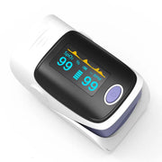 Finger pulse oximeter with digital display on a white background