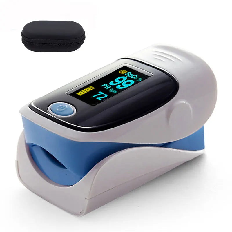 Finger pulse oximeter with digital display on a white background