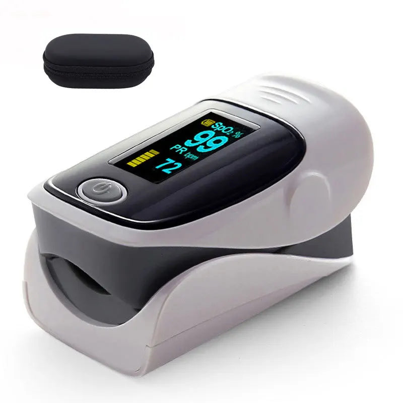 Finger pulse oximeter with digital display on a white background