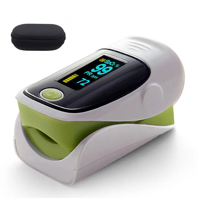 Finger pulse oximeter with a black case on a white background