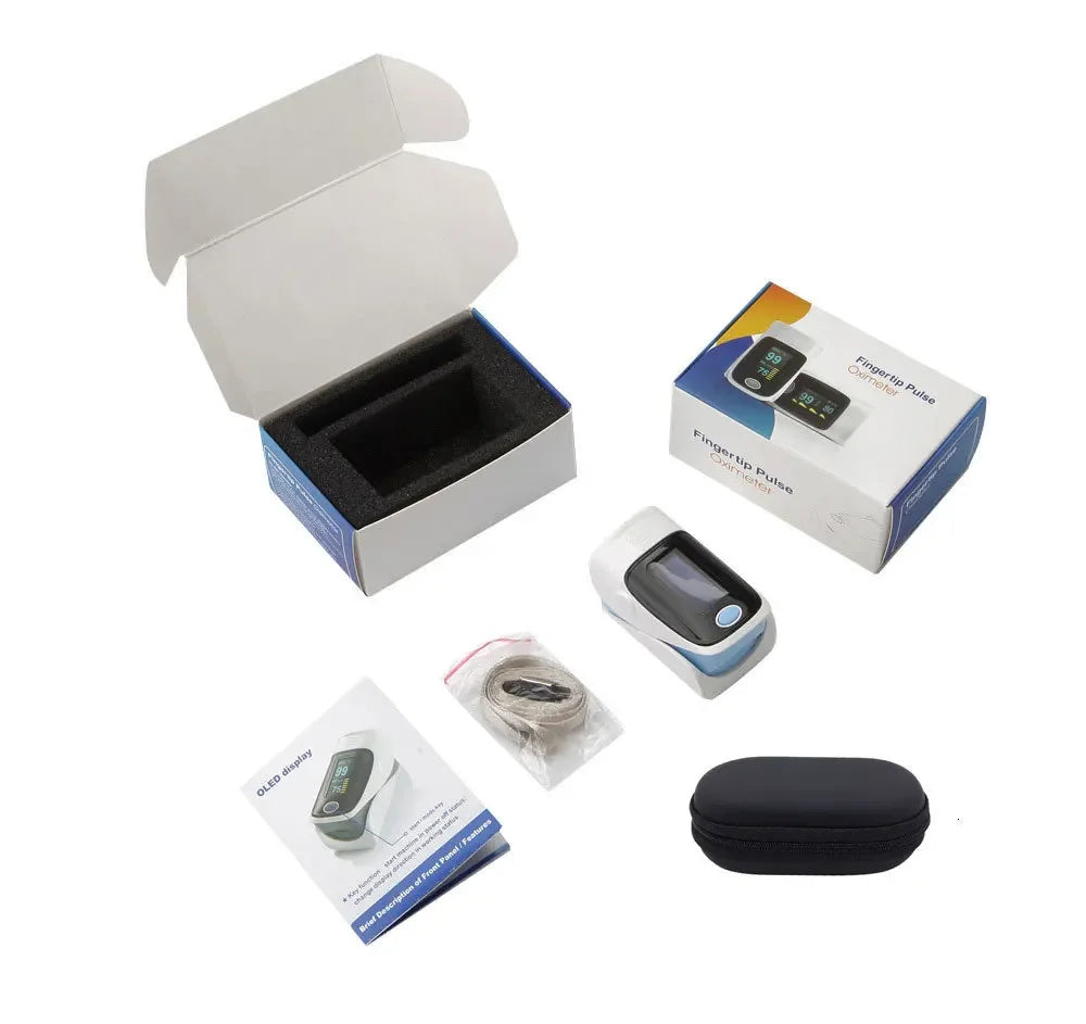 Pulse oximeter with accessories and packaging on a white background