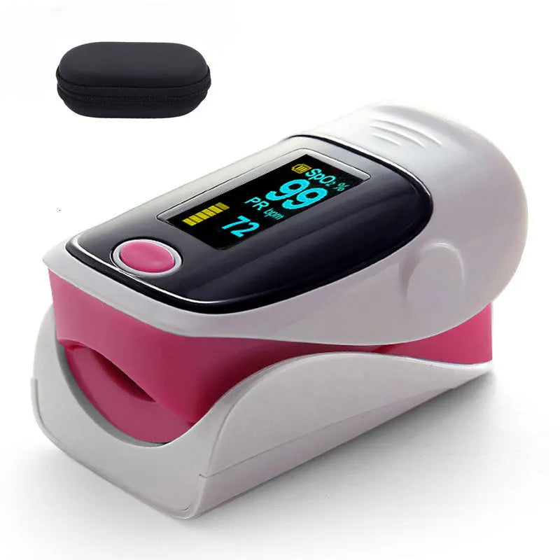 Finger pulse oximeter with a black case on a white background