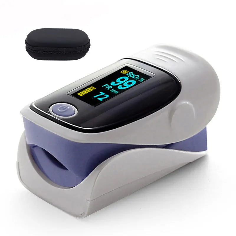 Finger pulse oximeter with a black case on a white background