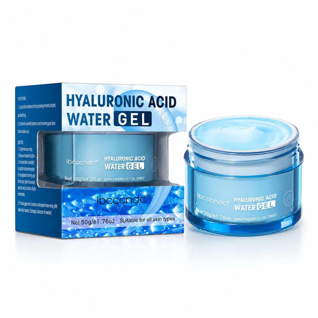 Hyaluronic Acid Water Gel shown with its blue and white retail box and an open blue jar containing the gel, on a clean white background.
