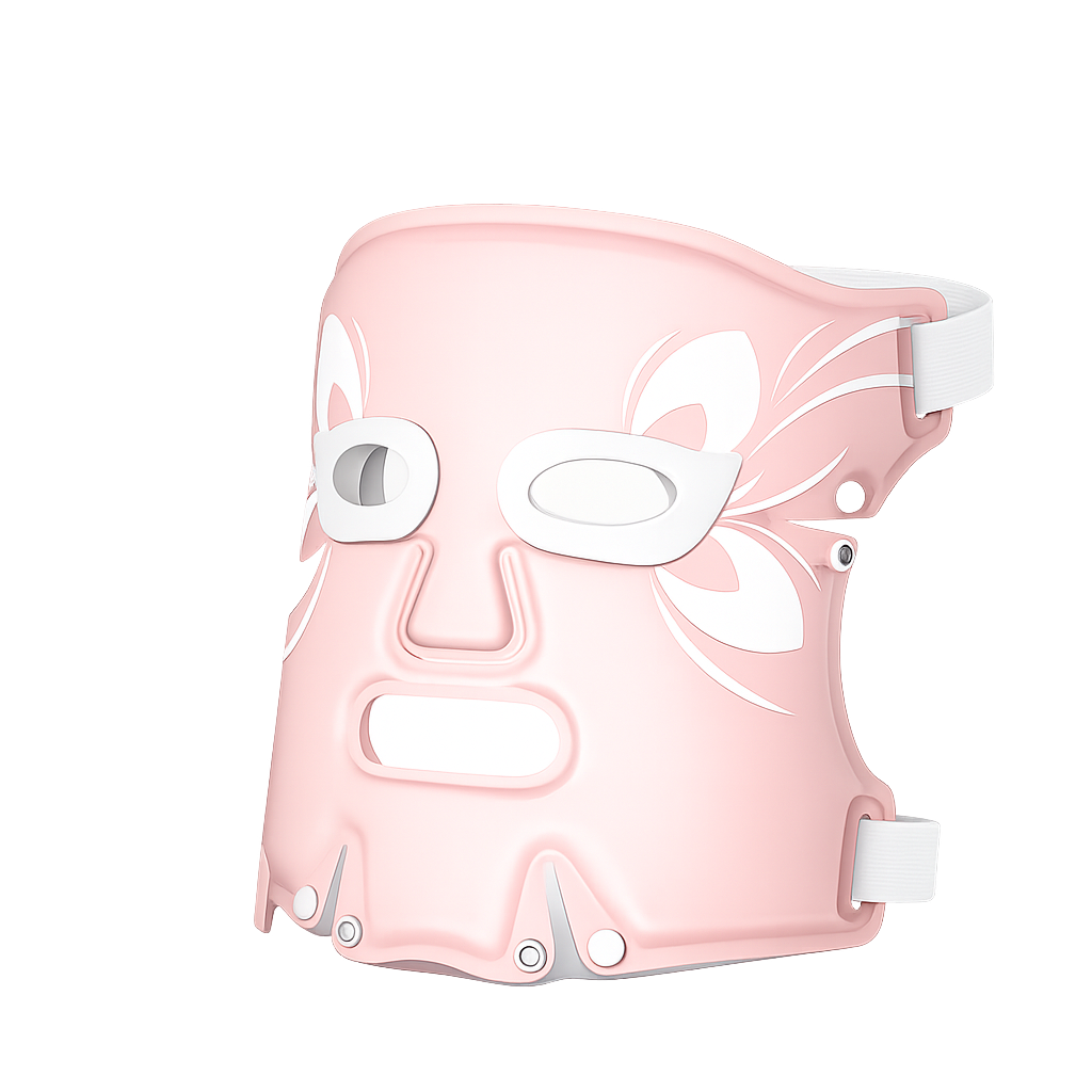 Pink red light face mask with white accents on a white background