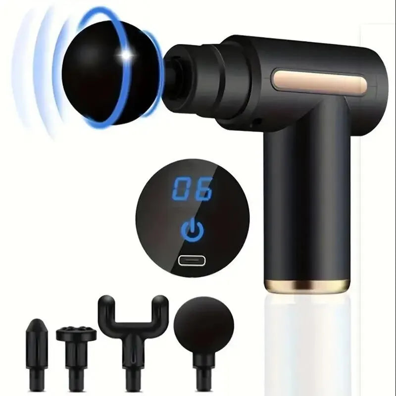 Black massage gun with attachments on a white background