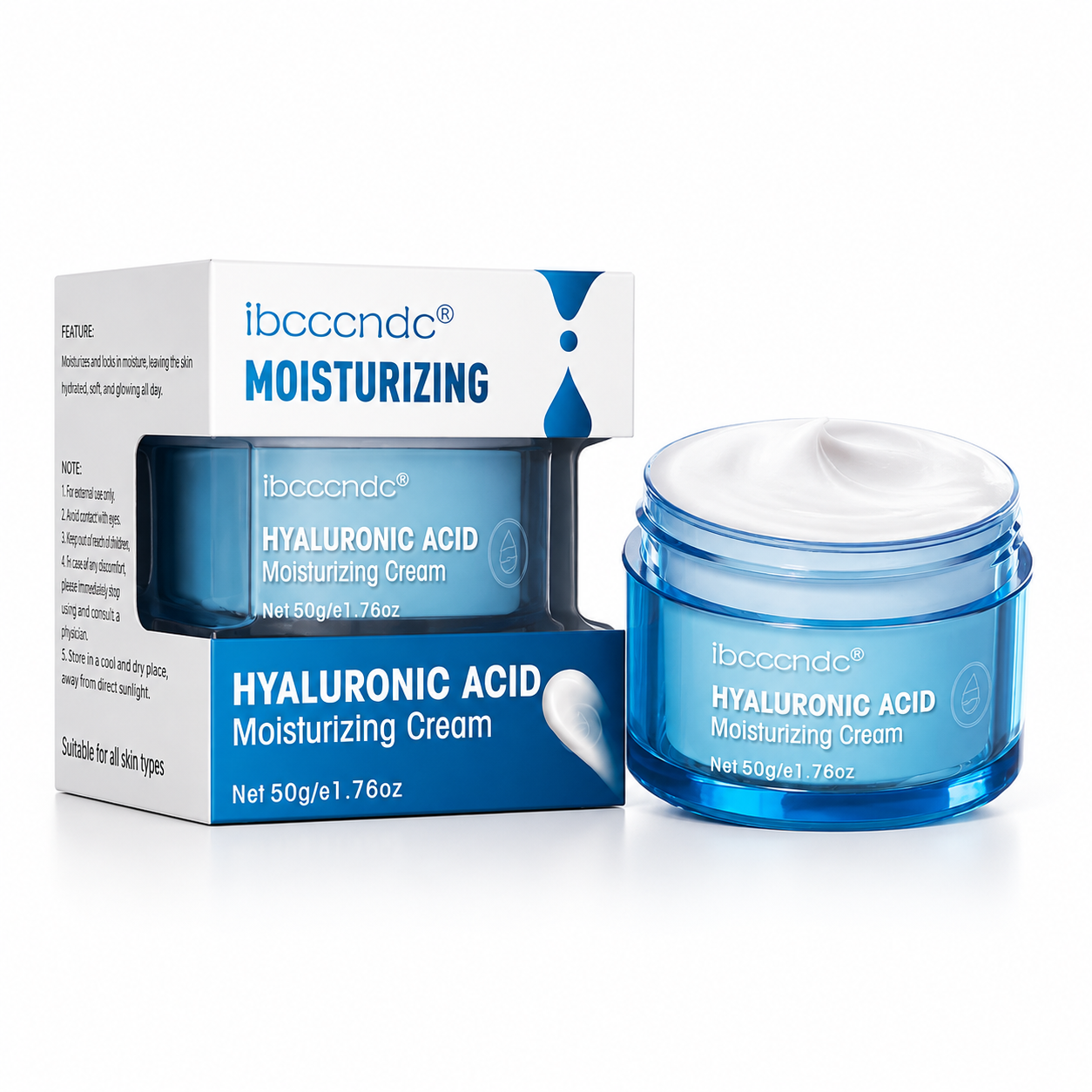 Hyaluronic Acid Moisturizing Cream shown with its blue and white product box and an open blue jar containing white cream, on a clean white background.