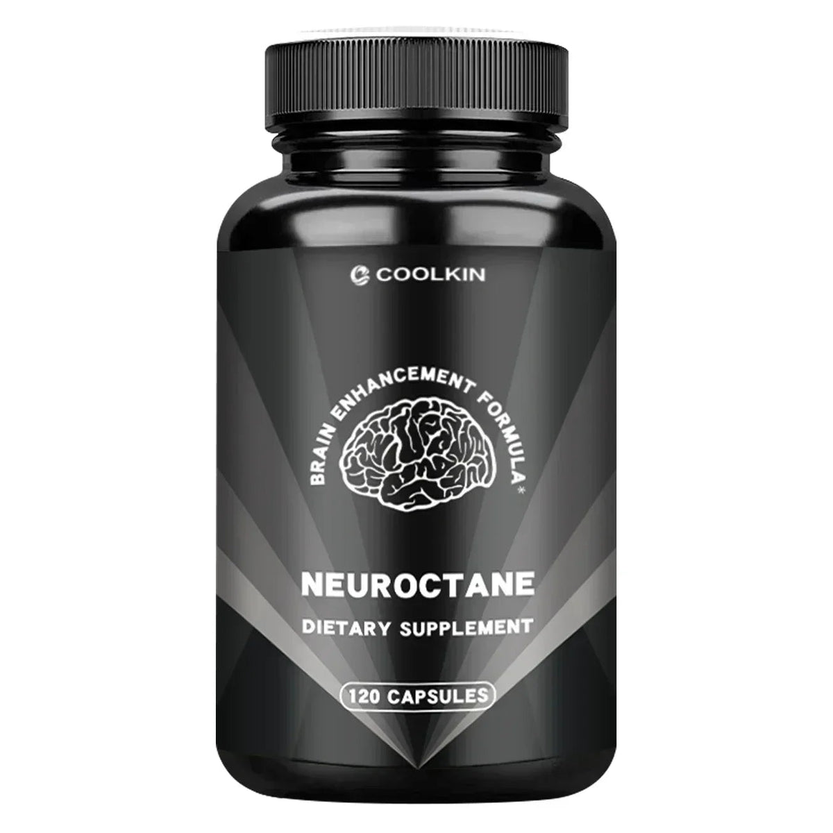 Black supplement bottle labeled 'Neuroctane' with branding on a white background