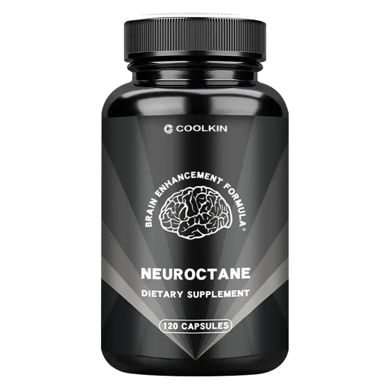 Black supplement bottle labeled 'Neuroctane' with branding on a white background
