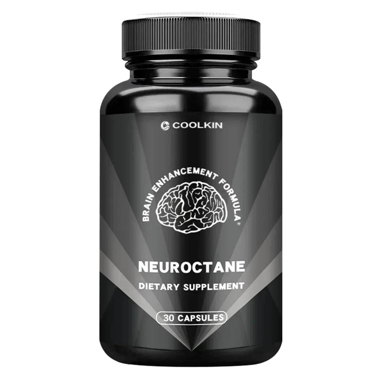 Black supplement bottle labeled 'Neuroctane' with branding on a white background