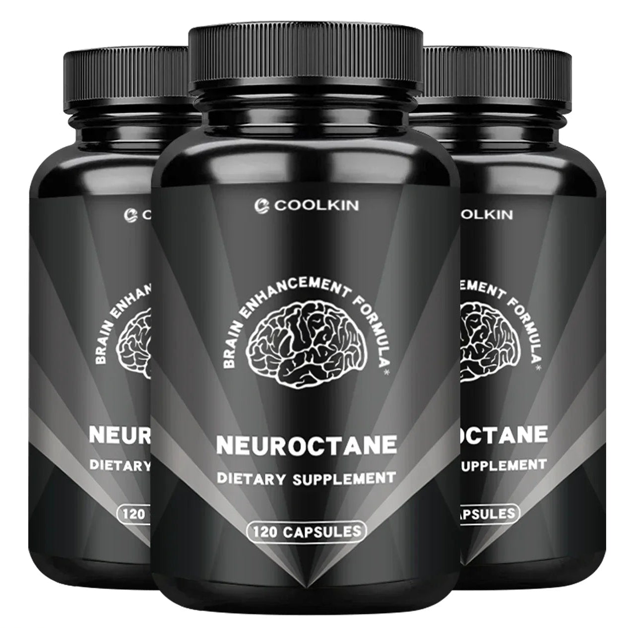 Three bottles of Neuroctane dietary supplement branding on a white background.