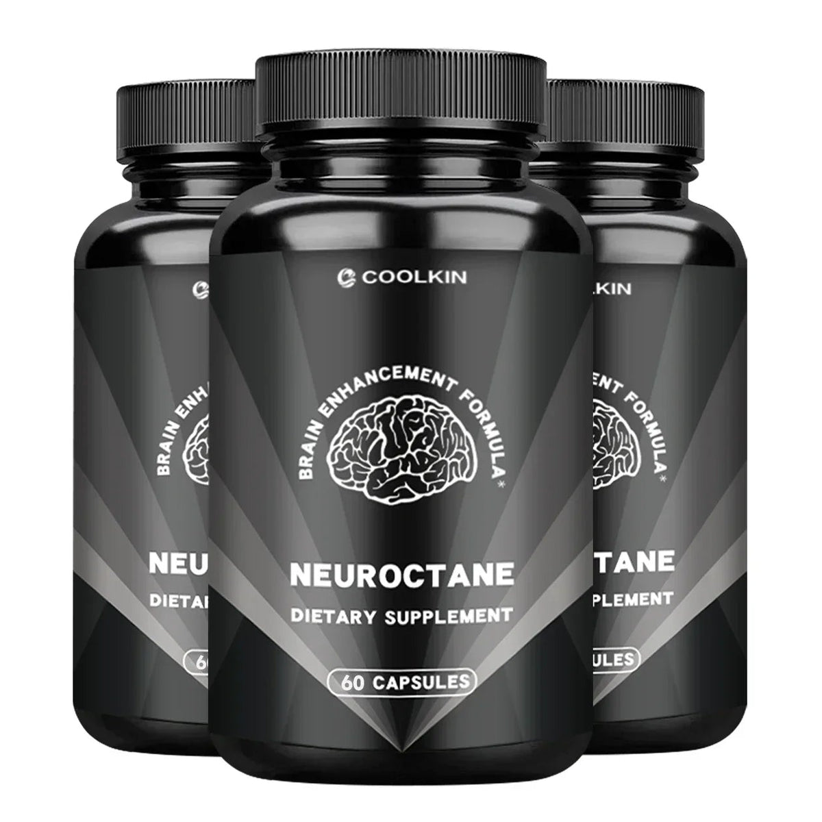 Three bottles of Neuroctane dietary supplement on a white background