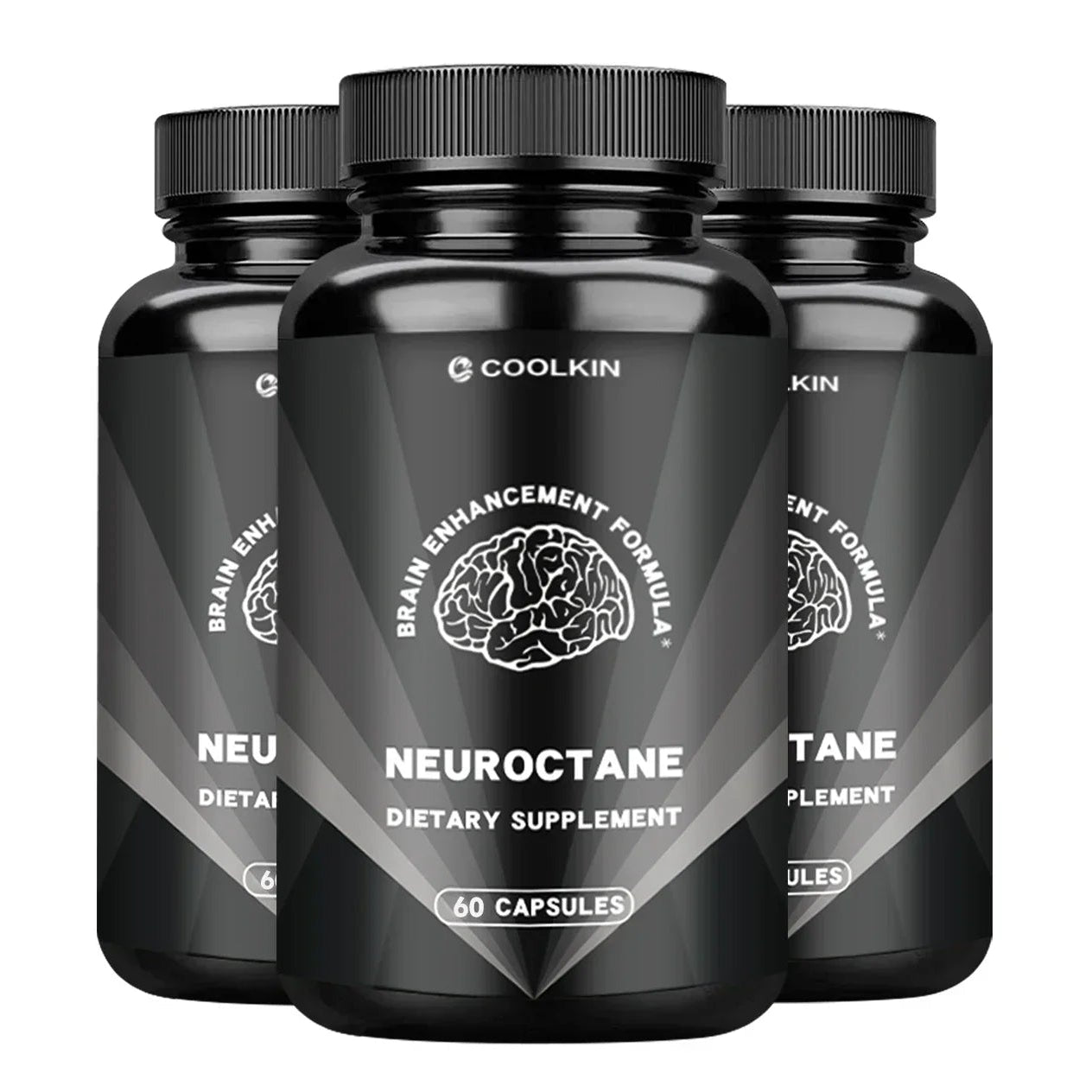 Three bottles of Neuroctane dietary supplement on a white background