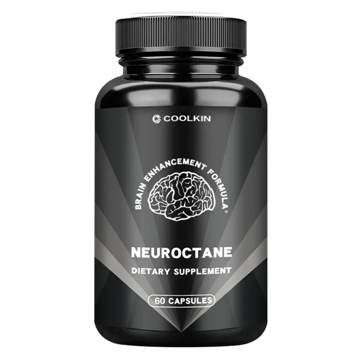 Black supplement bottle labeled 'Neuroctane' with branding on a white background