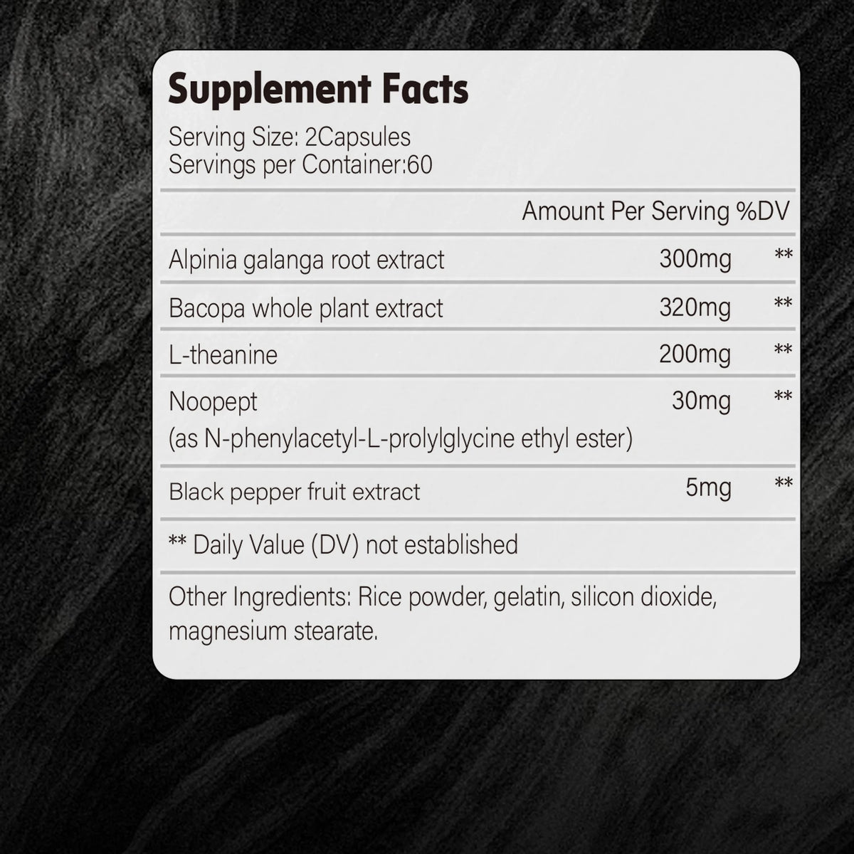 Supplement facts label with detailed ingredient list on a textured black background
