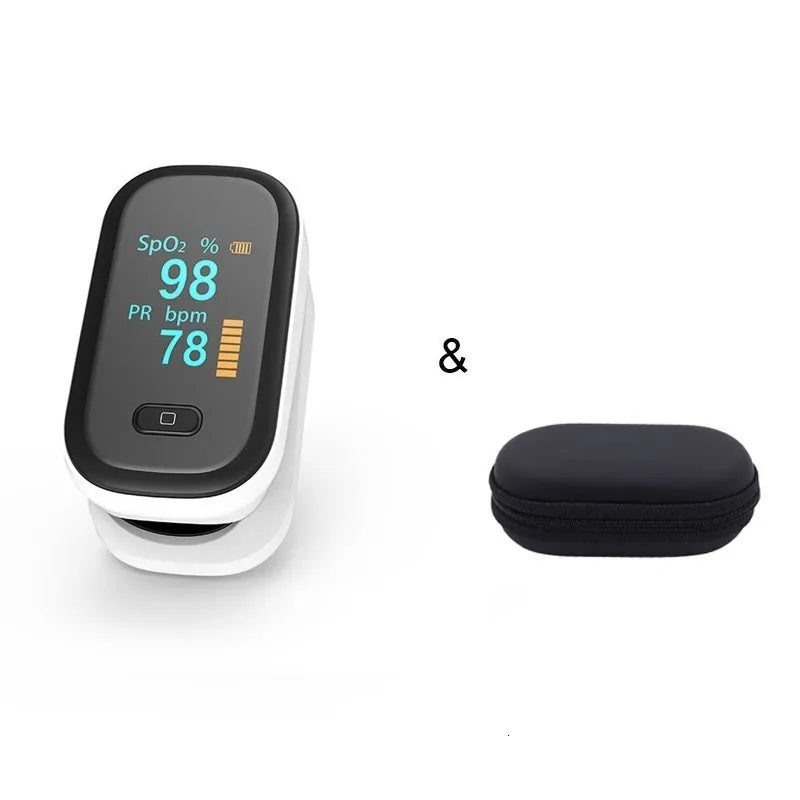 Finger pulse oximeter with case on a white background