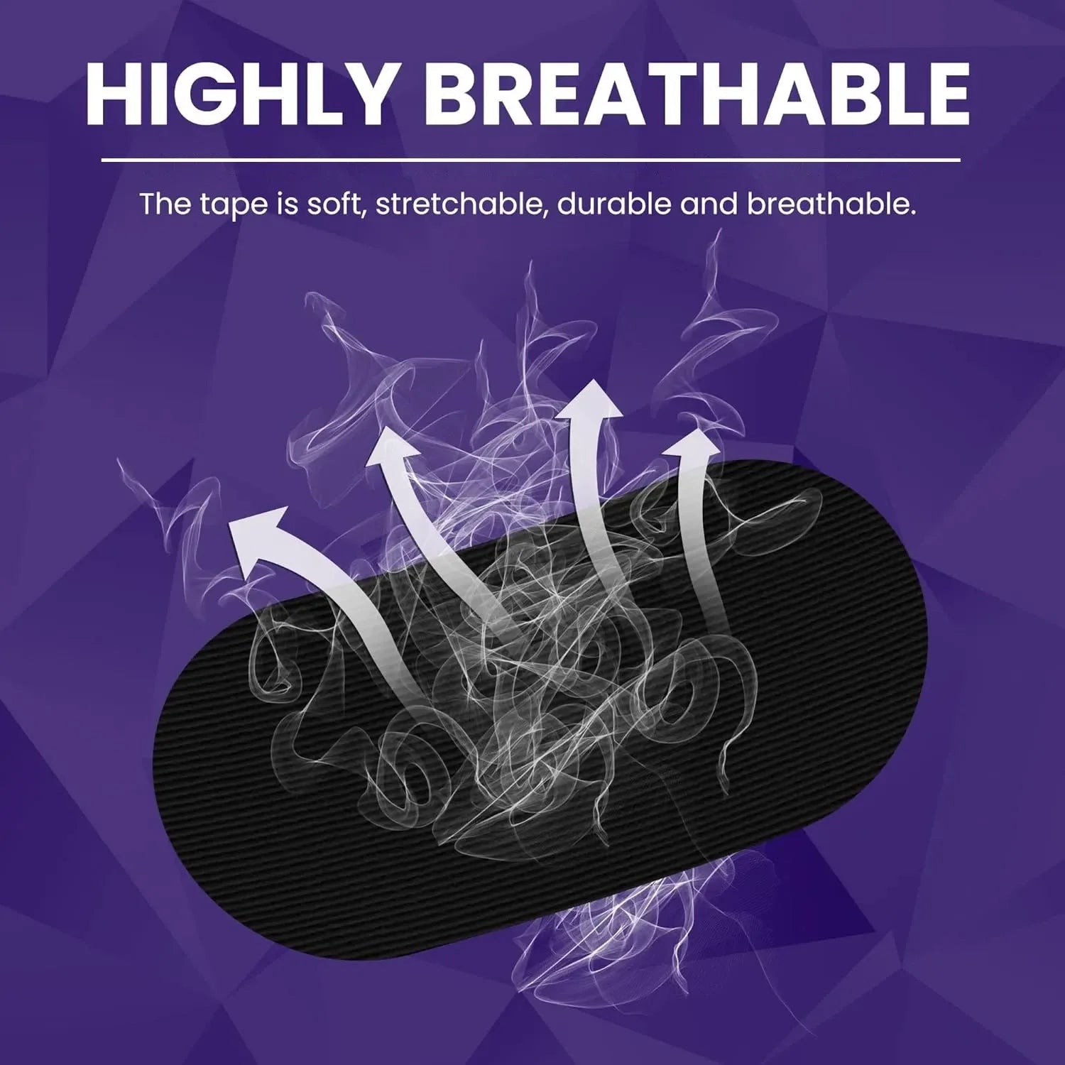 Illustration of breathable tape with arrows showing airflow on a purple geometric background.
