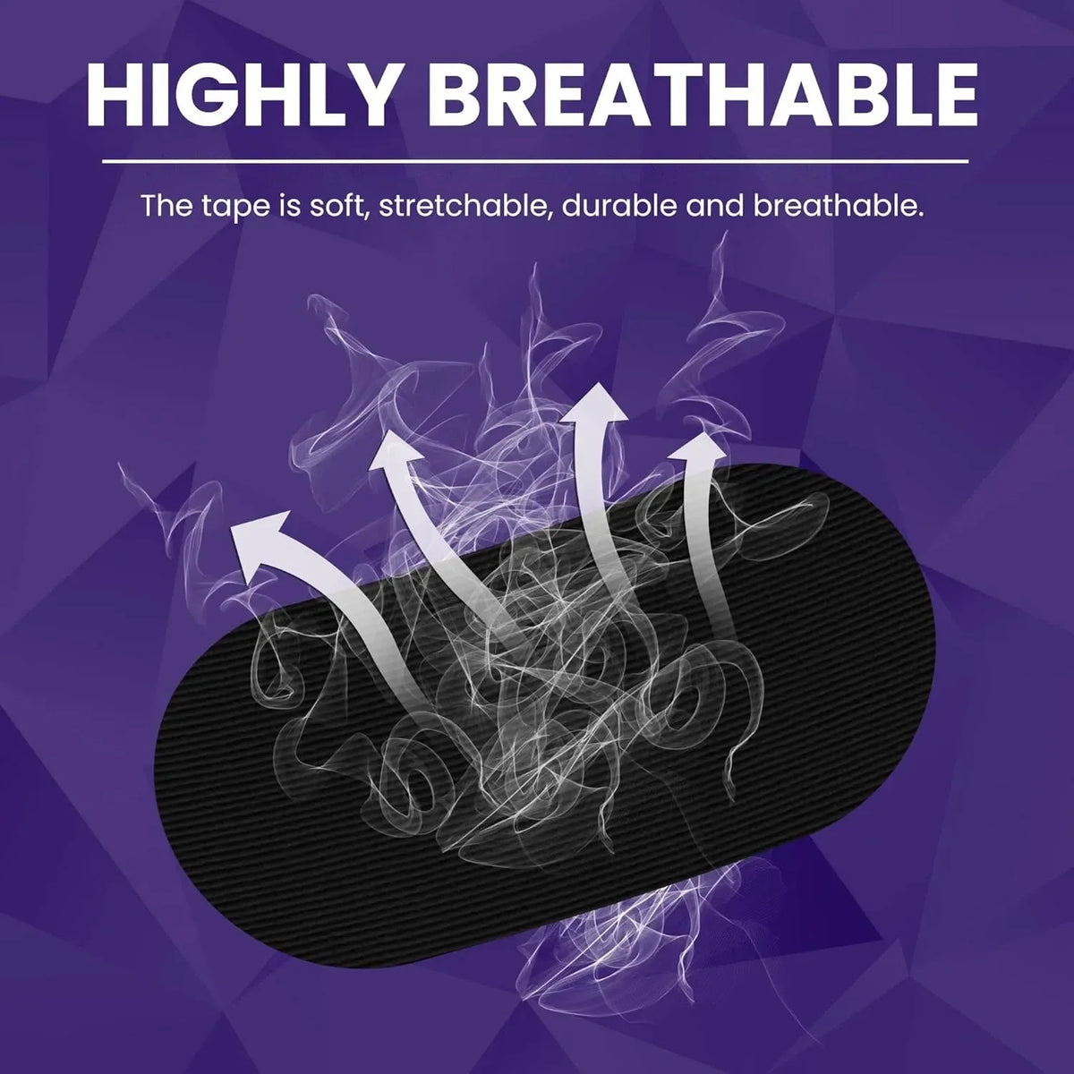Illustration of breathable tape with arrows showing airflow on a purple geometric background.