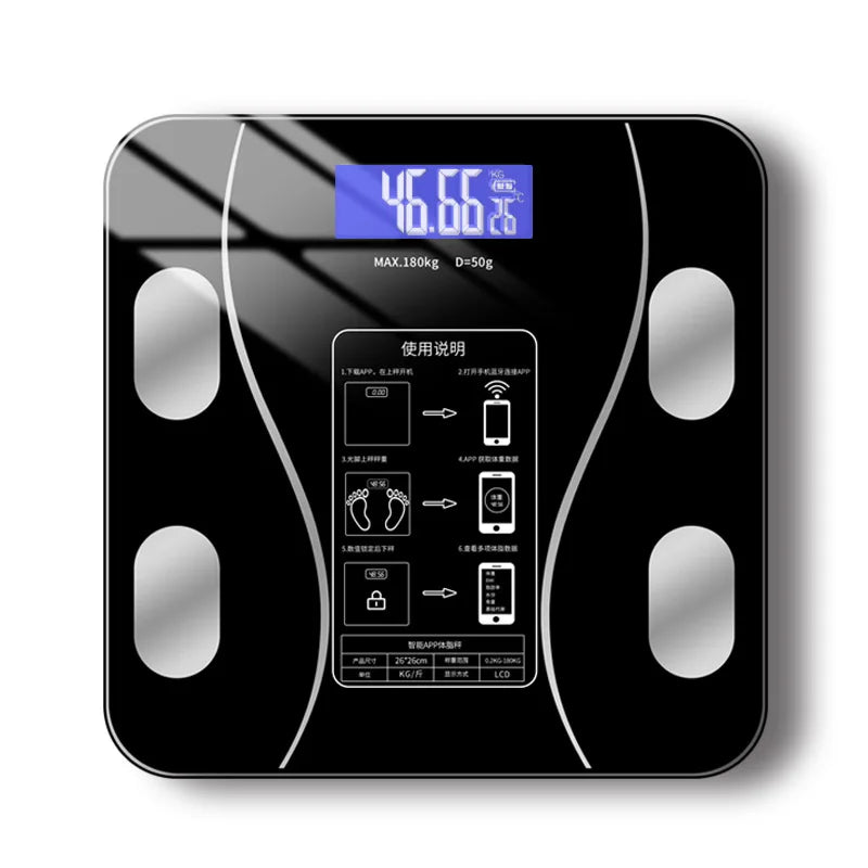 Digital body fat scale with a black glass surface and digital display on a white background