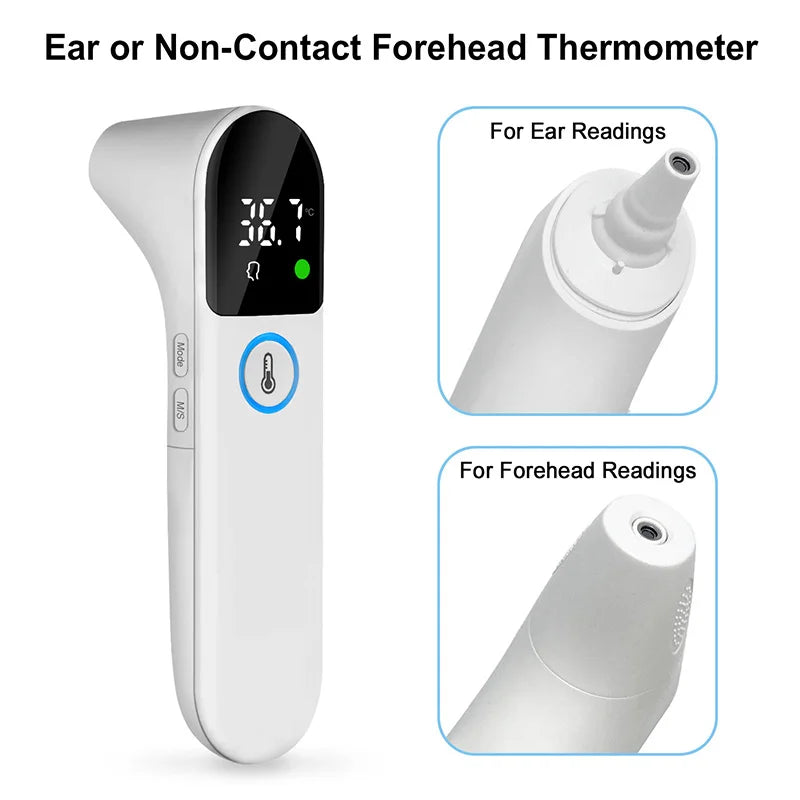 Ear or non-contact forehead thermometer with two views on a white background