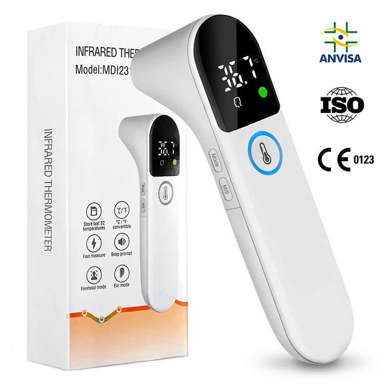 Infrared thermometer with packaging and certification logos on a white background