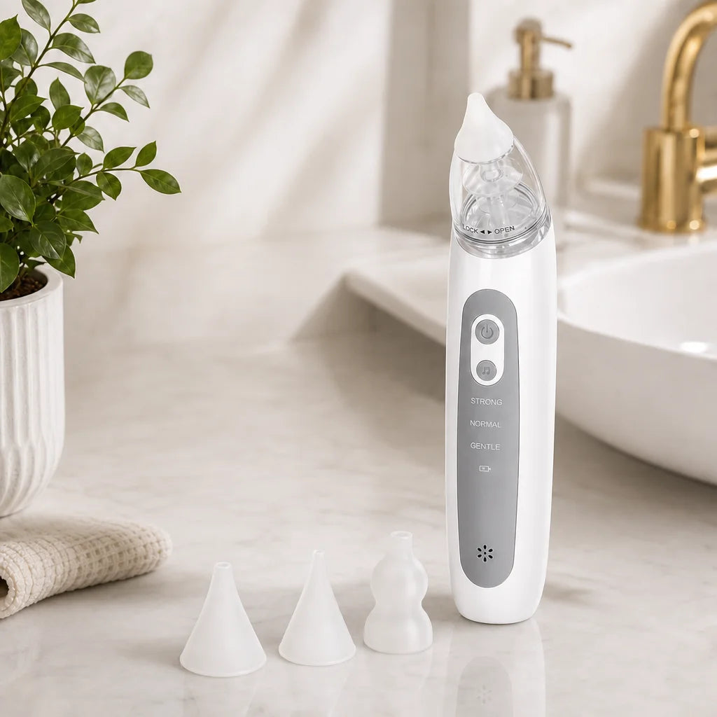 White and gray nasal aspirator on a bathroom counter with a plant and sink in the background