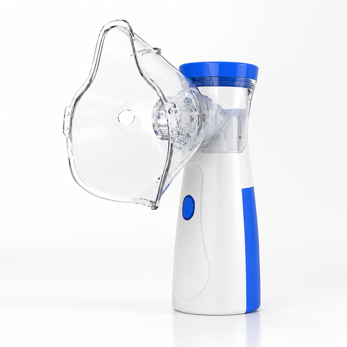 White and blue handheld inhaler device on a white background
