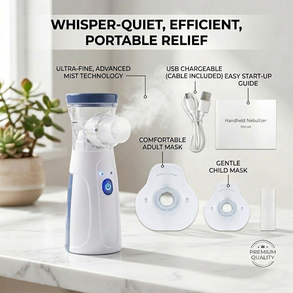 Handheld nebulizer with accessories on a marble surface, featuring text highlighting features.