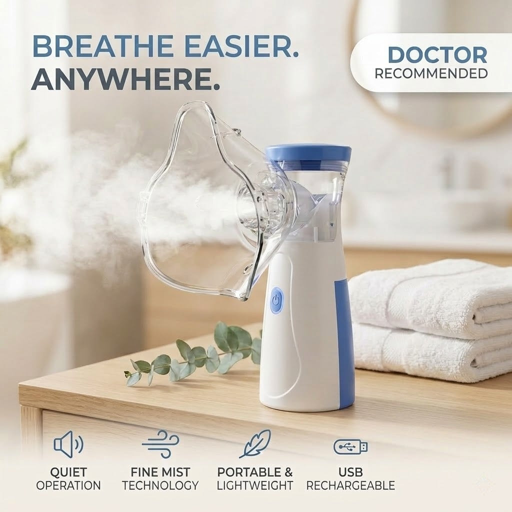 Portable nebulizer with features listed on a blurred indoor background